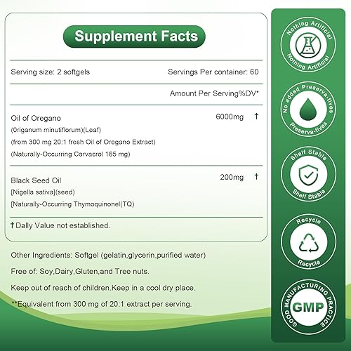 Miniatura 2 de Aceite de cápsulas blandas de orégano, 120 unidades de aceite de orégano equilibrado con aceite de semilla negra, suplemento formulado 2 en 1 para