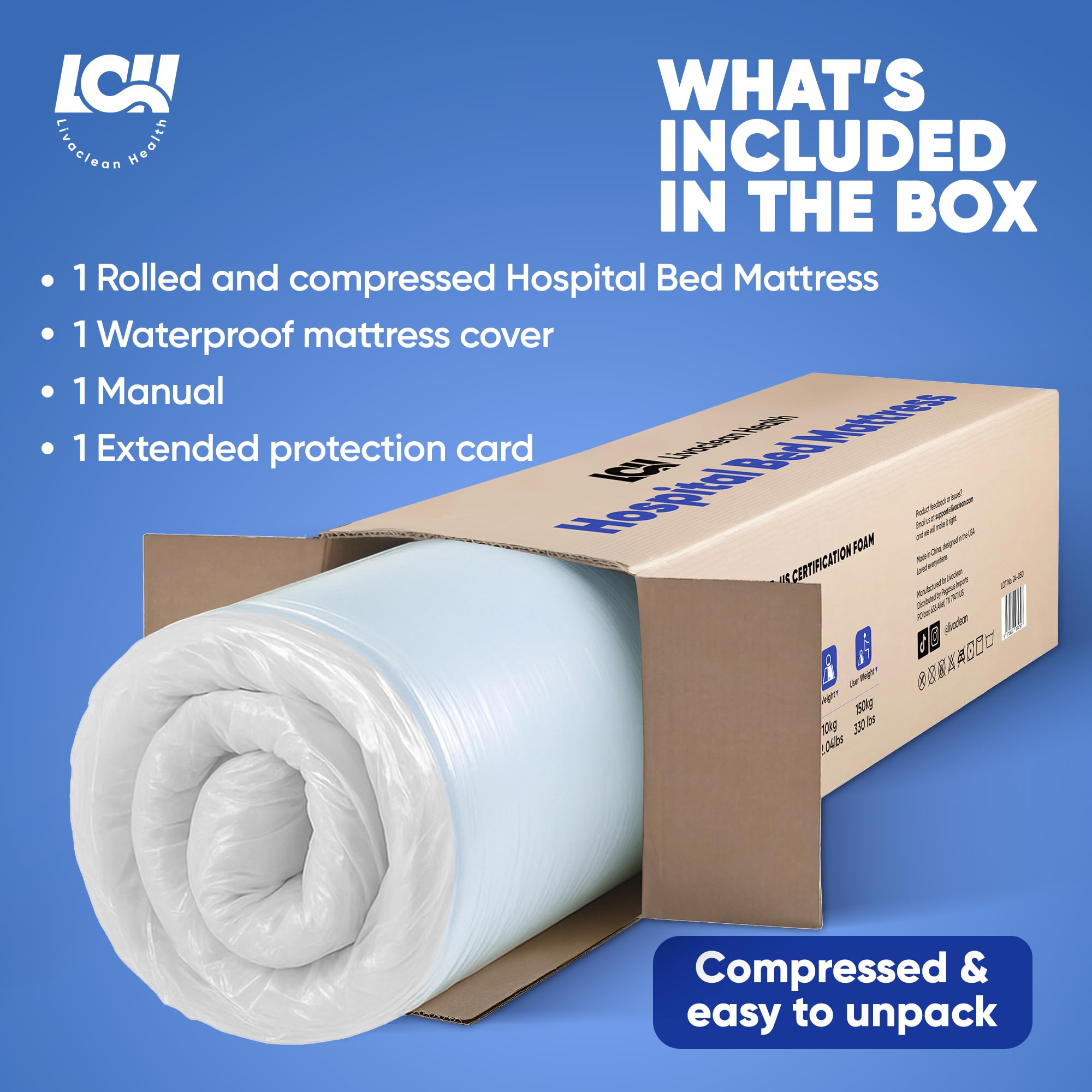 Livaclean Health Materasso per letto ospedaliero – Twin XL 203,2 x 91,4 x 15,2 cm gel 40 mm memory foam materasso medico per letti regolabili, copertura impermeabile, sollievo dalla pressione per uso