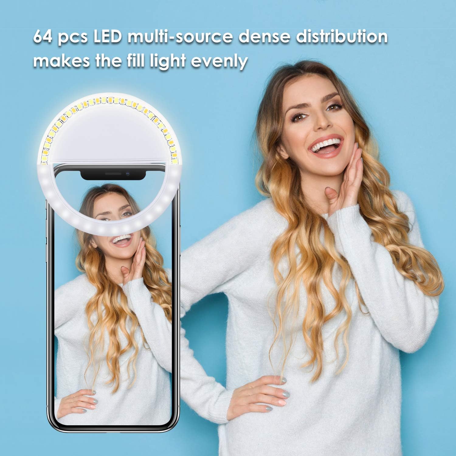 GIM selfie ring light, Clip-on Selfie Fill Ring Light with 64 LED & 4 Light Modes Rechargeable Portable Circle Light for Live Stream/Makeup/YouTube Video/Vlogs, Compatible with iOS Android Phone