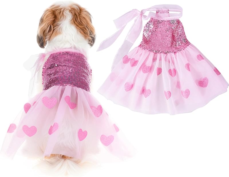 Dog Dress Pink Heart Tulle Tutu Skirt with Sequins for Small Dog Cat Valentine's Day Wedding Birthday Party Outfit