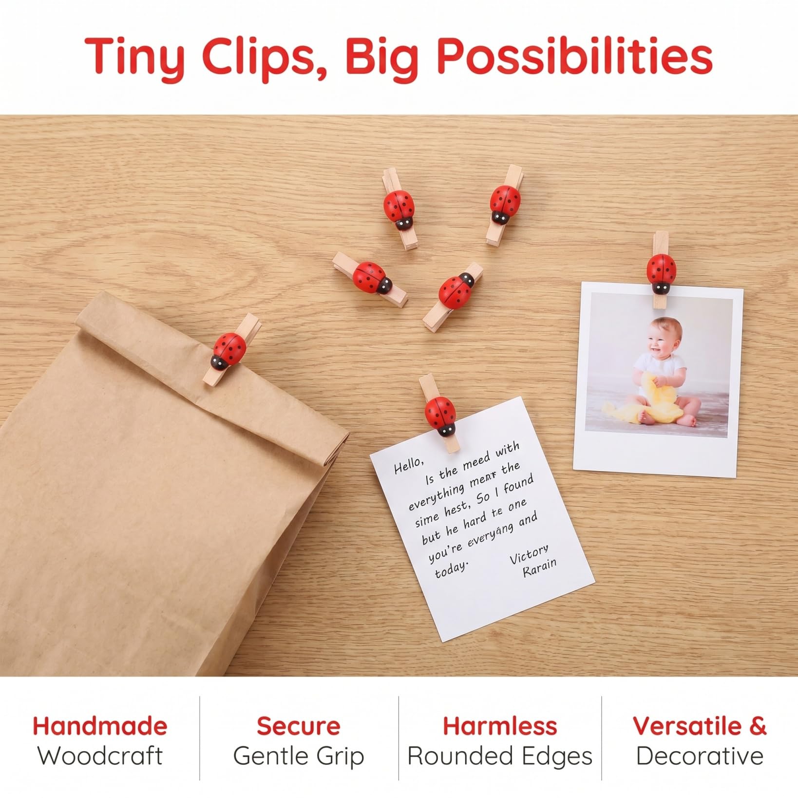 Veemoon 100 stücke Rot Wäscheklammern Woodsy Decor Mini Holz Wäscheklammern Marienkäfer Knöpfe Handwerk Kleine Wäscheklammern Bilder Holz Schöne Foto Clip Halter Foto Clips Kleine Clip Kleine Mantel