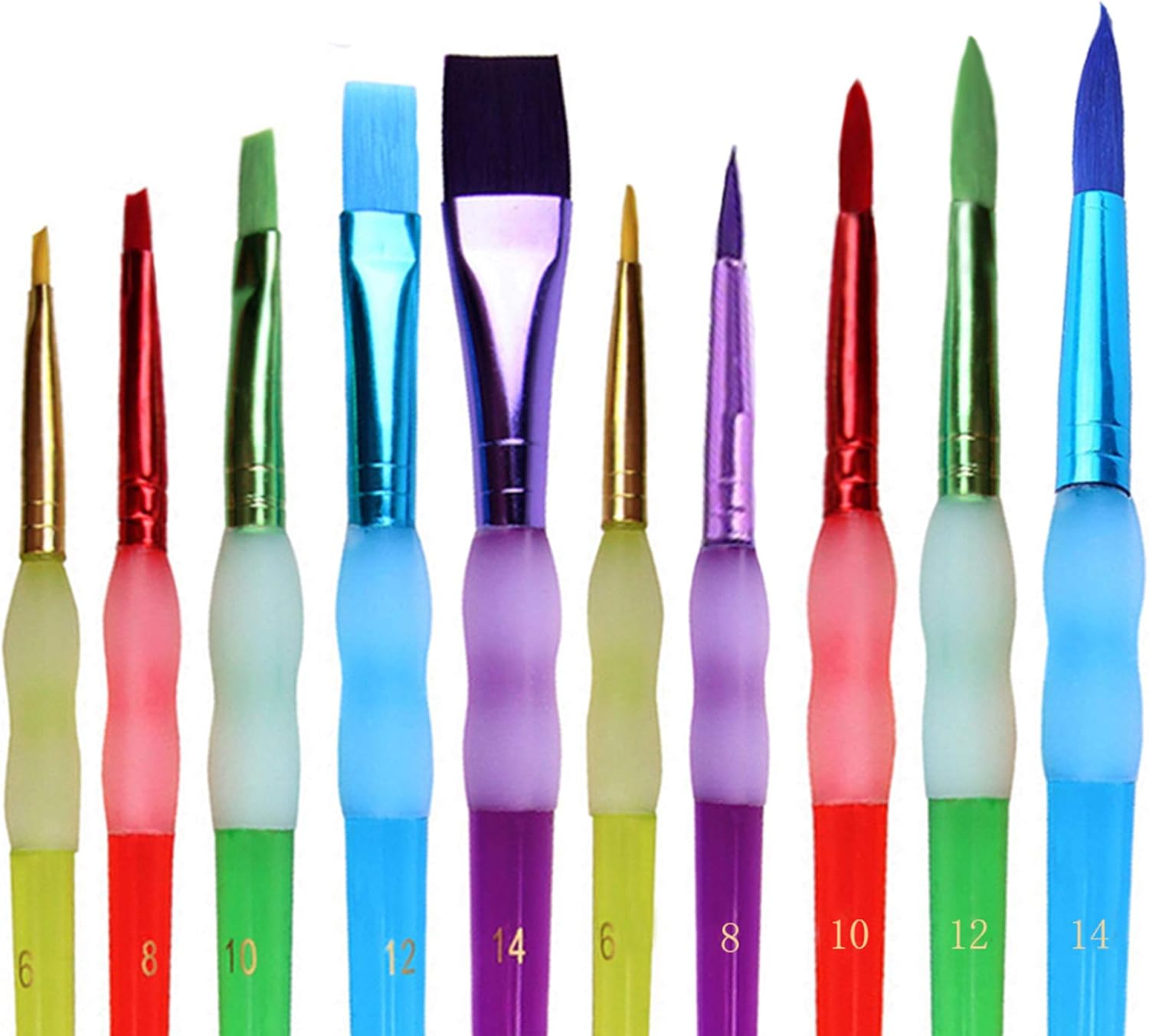 Kids' Art Paintbrushes ,10 Pcs Chubby Pointed Round and Flat Paint Brushes for Children/Students/Teens， 10 Different Types of Paint Brush Set for Art Class Painting/Acrylic Oil Watercolor，Multicolored