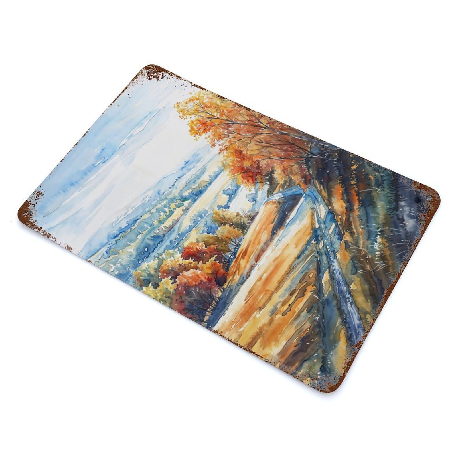 Weathered Tin Sign with Autumn Pathway Design 11.8"x7.9", for Basement, Hobby Room And Garage Decor, Industrial Home Decor