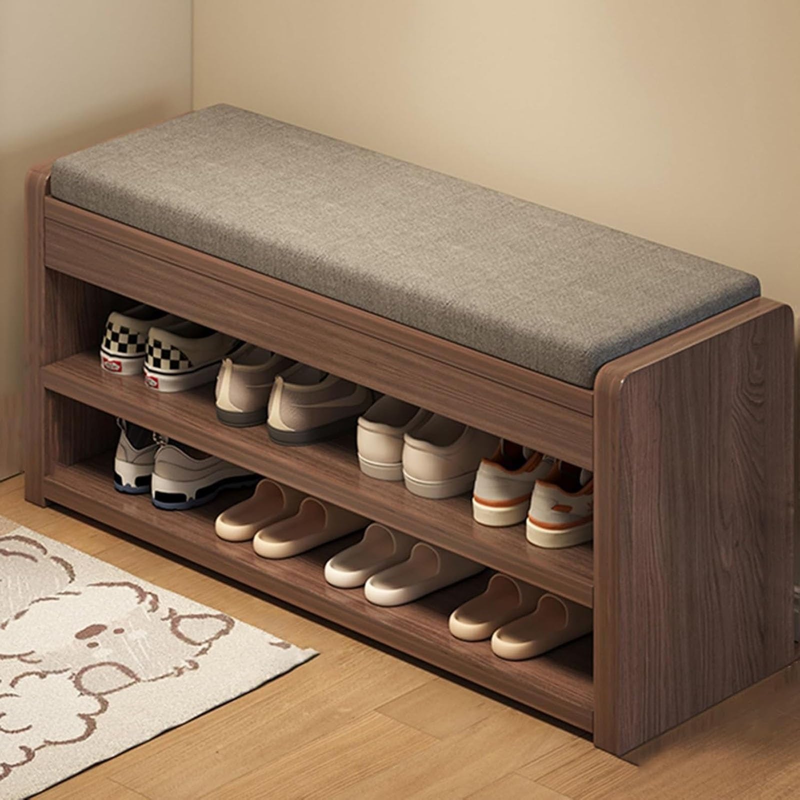 LWJSOCP Cushioned Shoe Bench with Storage - 2-Tier Entryway nizer Upholstered Ottoman Wooden Shoes Stool for Living Room - Brown 60cm/23.6inch