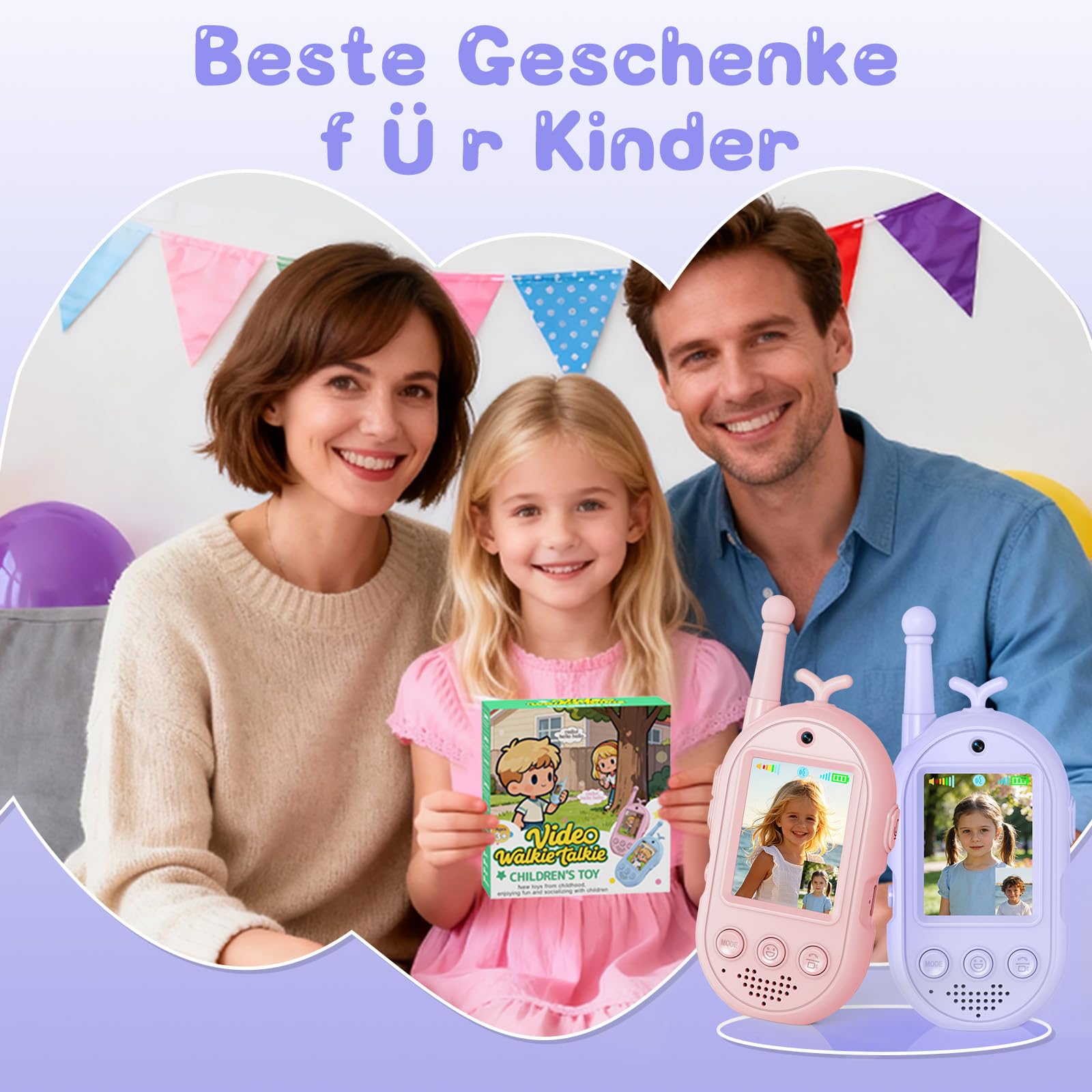 Video Walkie Talkie Bambini, 2 Walkie Talkie Ricaricabili con Display, Comunicazione Radio Bidirezionale, Lunga Portata, Regalo per Bambini e Bambine dai 3 ai 12 Anni. (Rosa + Viola)