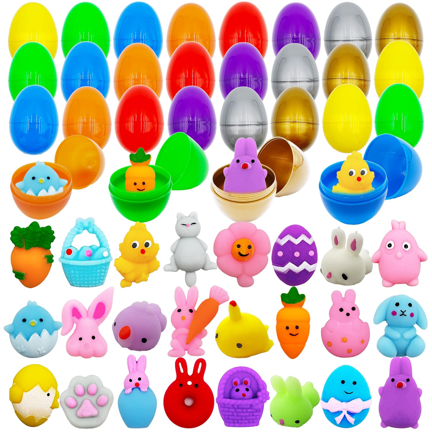 24 Pack Easter Mochi Squishy Toys Filled Easter Eggs, Plastic Easter Eggs Filled with Easter Squishies Toys for Easter Eggs Hunt, Gifts for Kids Boys