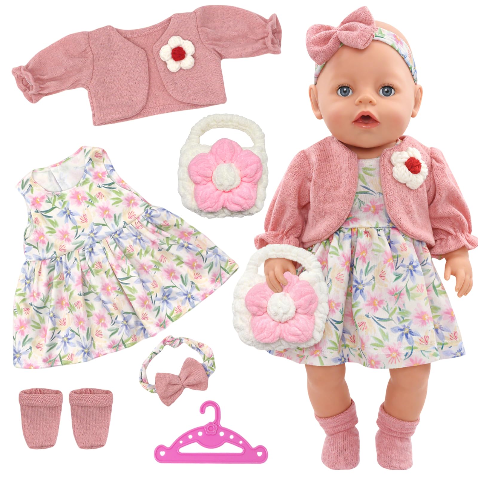 6 Pcs Baby Doll Clothes Set for 14-17 Inch Baby Dolls: 35-43cm Cute New Baby Clothes for Dolls with Flower Dress Coat Headband Bag Socks Hanger Sweet 43cm Doll Outfits Gifts for Children