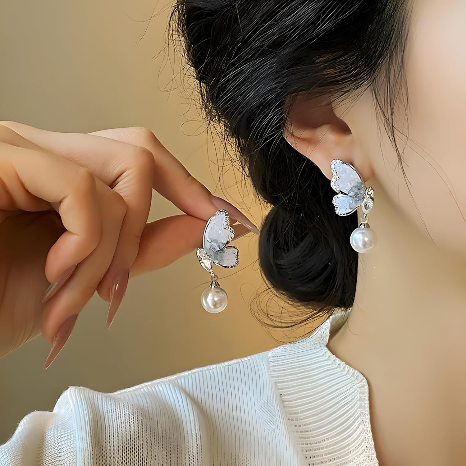 Dainty Ice Crystal Butterfly Wing Pearl Drop Earrings for Women Cubic Zirconia Butterfly Earrings for Wedding Jewelry - Image 2