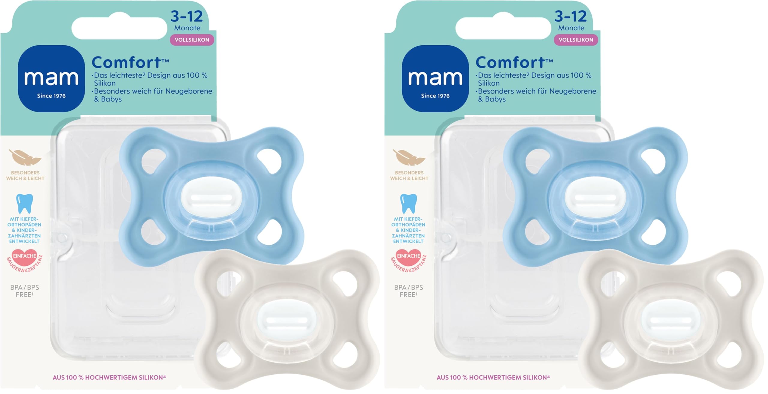 MAM Comfort Dummy | 3-12 Months | Dummy for Babies | Breastfeeding Friendly Baby Dummy | Especially Small & Light | Extra Gentle | 100% Silicone | Blue/Beige | Pack of 2 (Pack of 2) blue / beige 3-12 Monate (Packung mit 2)