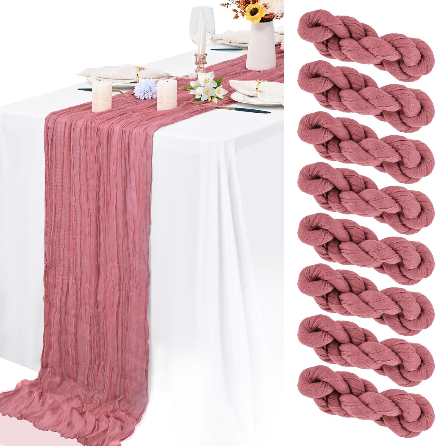 8 packs cheesecloth table runner 10ft long boho gauze fabric table runner vintage rustic sheer runners for wedding party bridal baby shower table decorations (dusty rose) dusty rose 8 packs