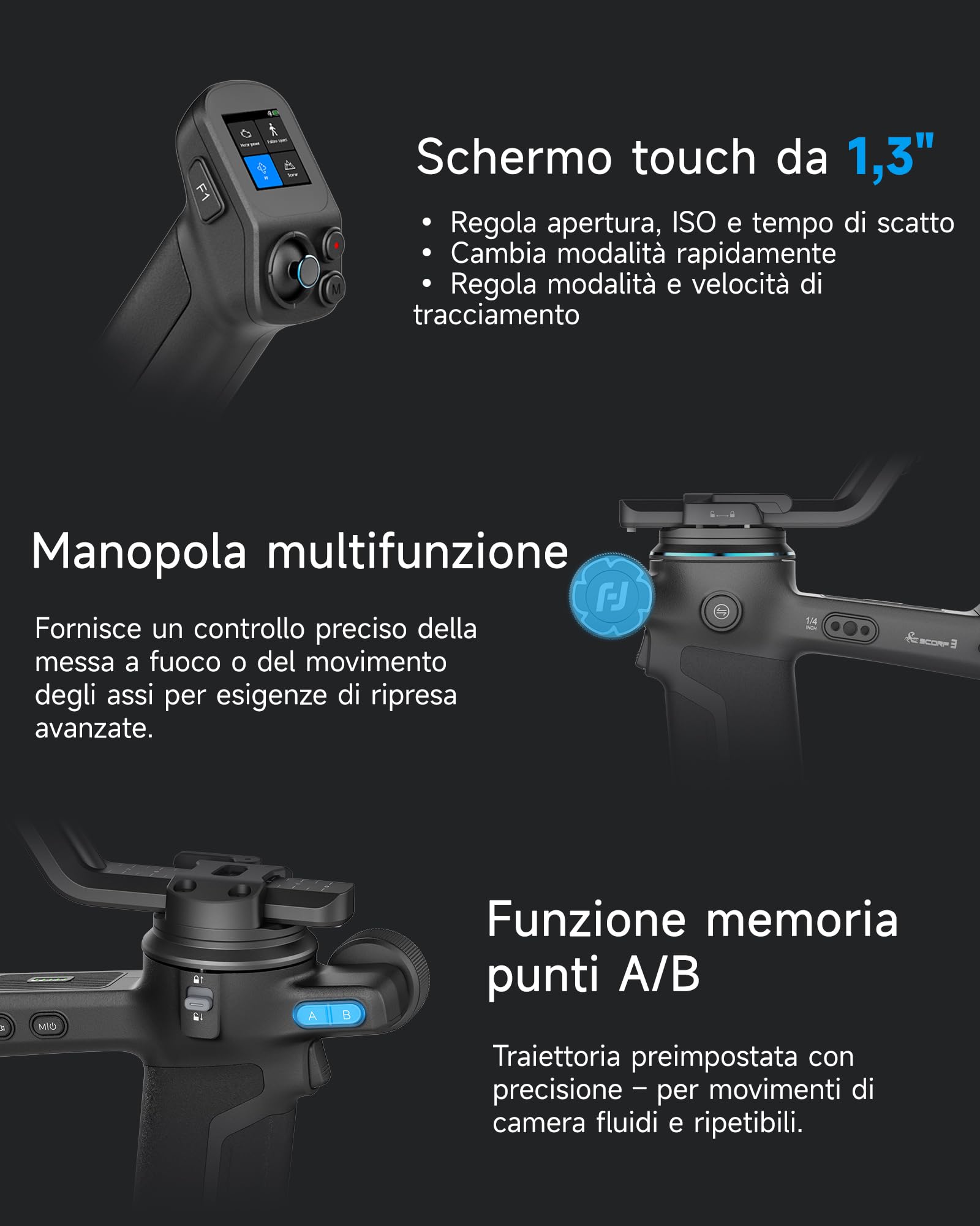 Feiyutech SCORP 3 [UFFICIALE] Stabilizzatore Gimbal per Fotocamera con Tracking AI 4.0 Integrato,Carico Utile di 3,5 kg,Impugnatura Rimovibile con Controllo Wireless a 12m,Riprese Verticali Native