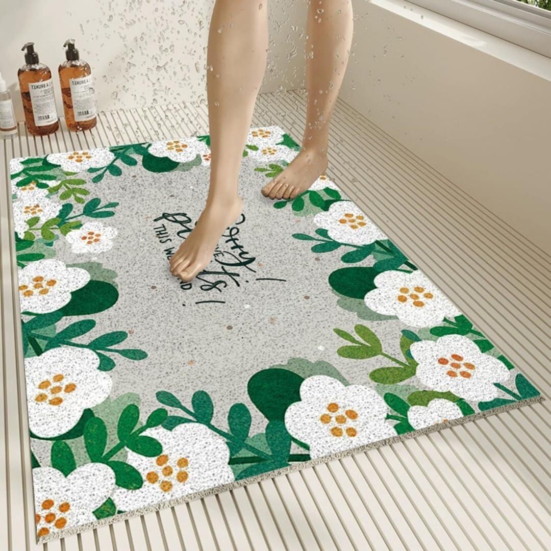 Antypoślizgowa mata prysznicowa Mata zielone liście – gumowa Loofah szybka(White Flowers,80x120cm)