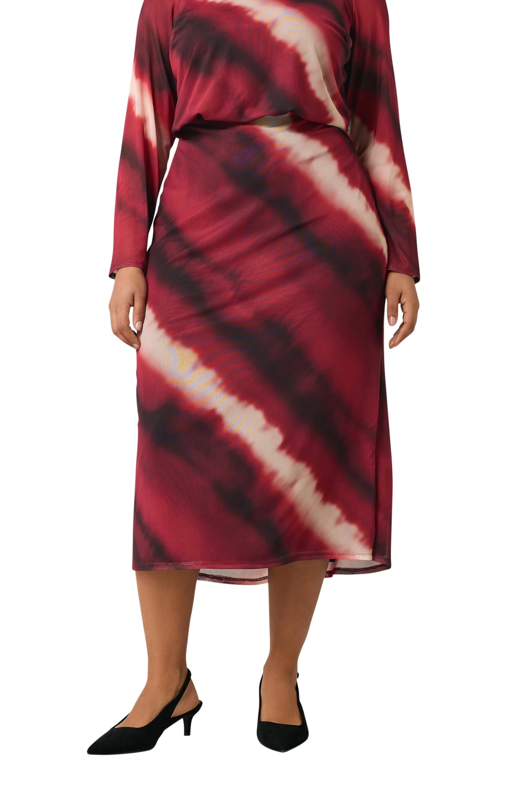 Evans Women's Red Curve Burgundy Abstract Print Mesh Midi Skirt - Plus Size Curve