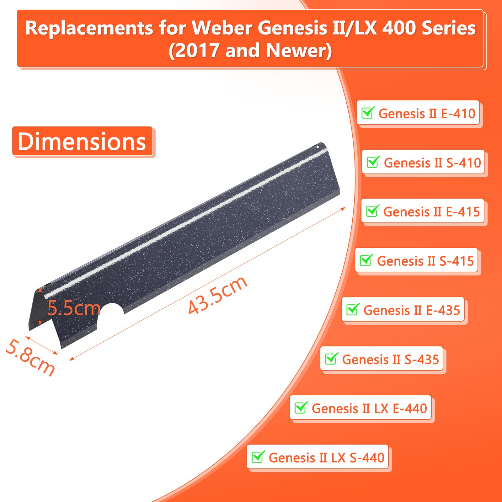 GFTIME Lot de 7 barres aromatisantes de 43,5 cm pour Weber Genesis II/LX 400, Genesis II E410, E435, S435 (modèles à partir de 2017) pour barbecues à gaz Weber 66033/66796