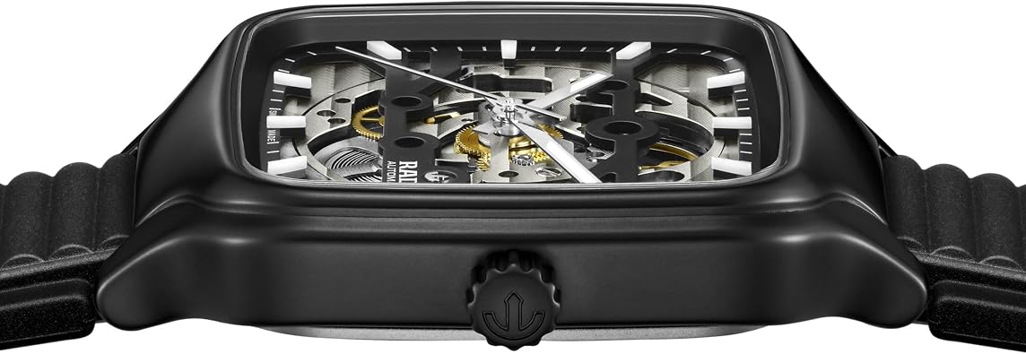 Rado - True Square - Unisex Automatic Swiss Watch - 38mm Square Rhodium Black Dial - Black Rubber Bracelet - R27197169