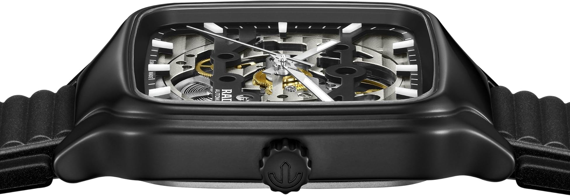 Rado - True Square - Unisex Automatic Swiss Watch - 38mm Square Rhodium Black Dial - Black Rubber Bracelet - R27197169