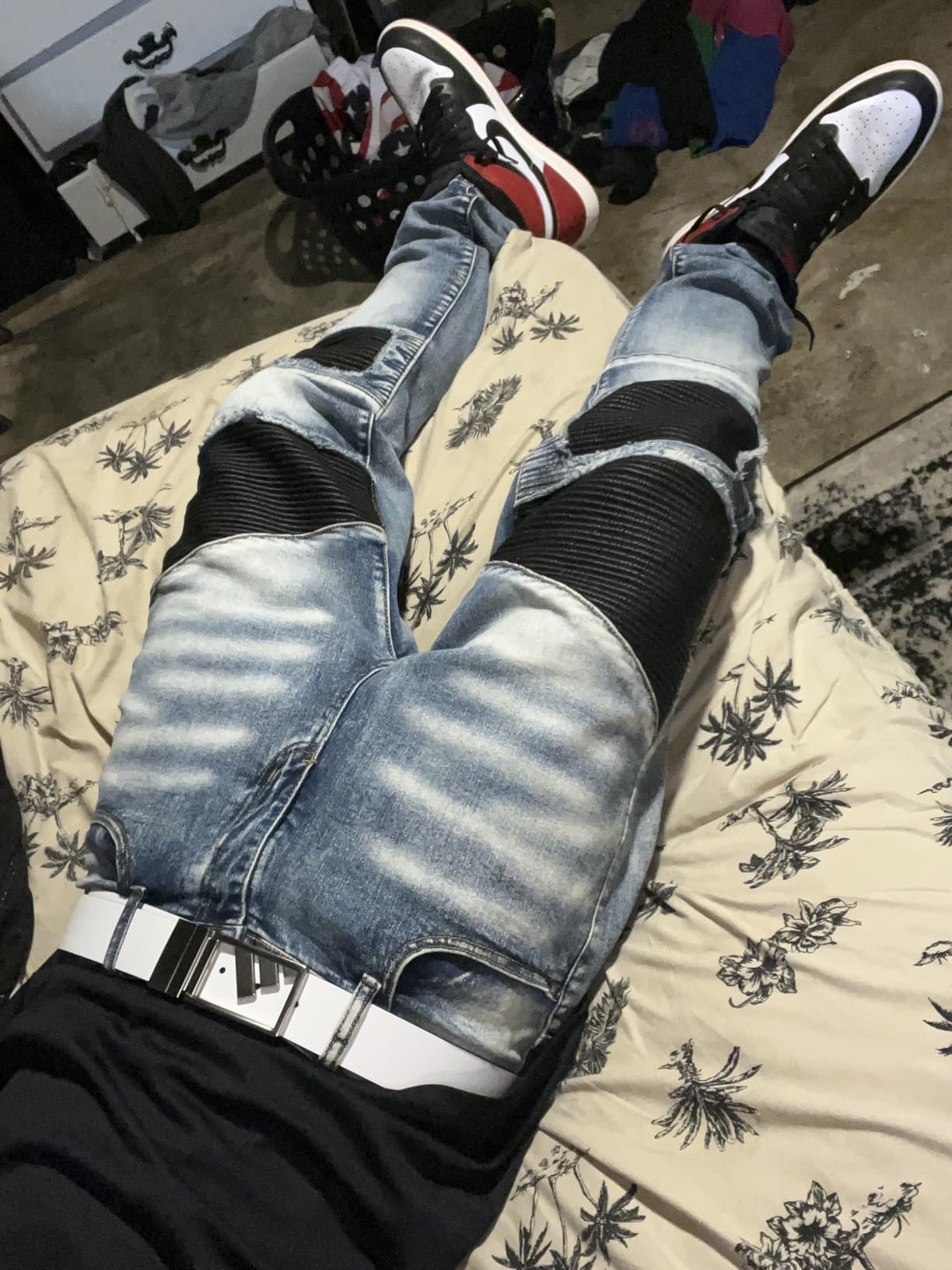 XIMXIMMTIAN Men's Biker Moto Washed Distressed Slim Fit Straight Jeans Denim