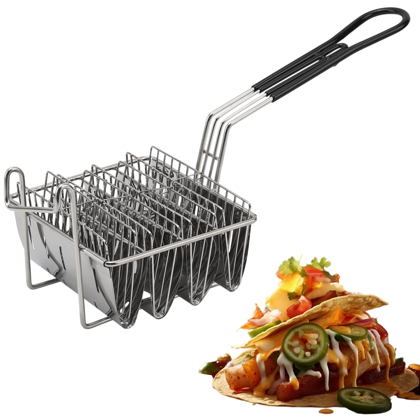 FAMKIT Tortilla Fry Basket, 4 Shells Taco Fryer Basket, Food Grade Stainless Steel Kitchen Deep Fryer Taco Holder V-Shaped Taco Shell Mold with with Grip Handle for Kitchen Fried Chicken Shops