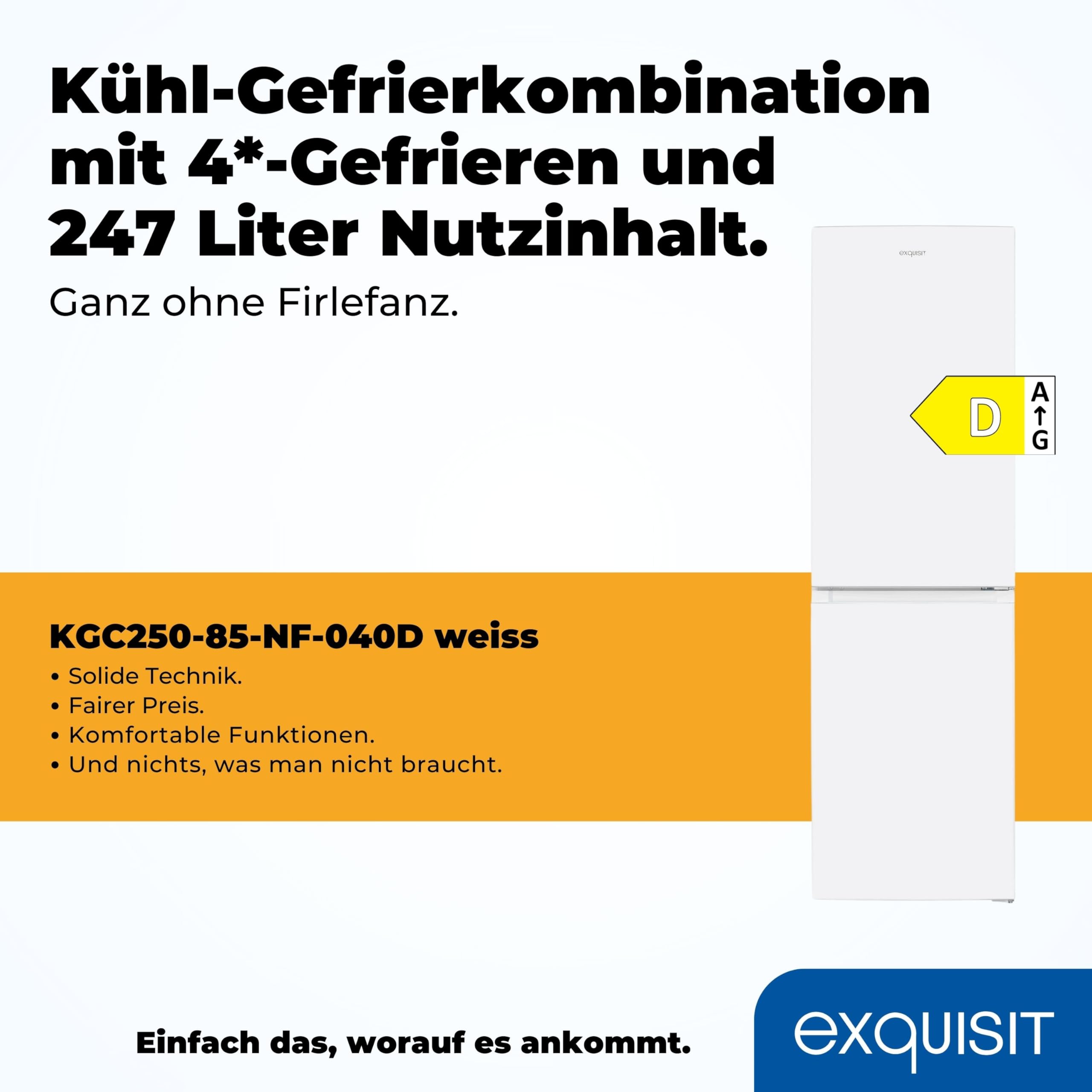 Exquisit Kühl-Gefrierkombination No-Frost, 247 L, Weiß, 39 dB | Freistehend, 4-Sterne-Gefrierfach, Schnellgefrieren, Energieklasse D – ideal für 3–4 Personen