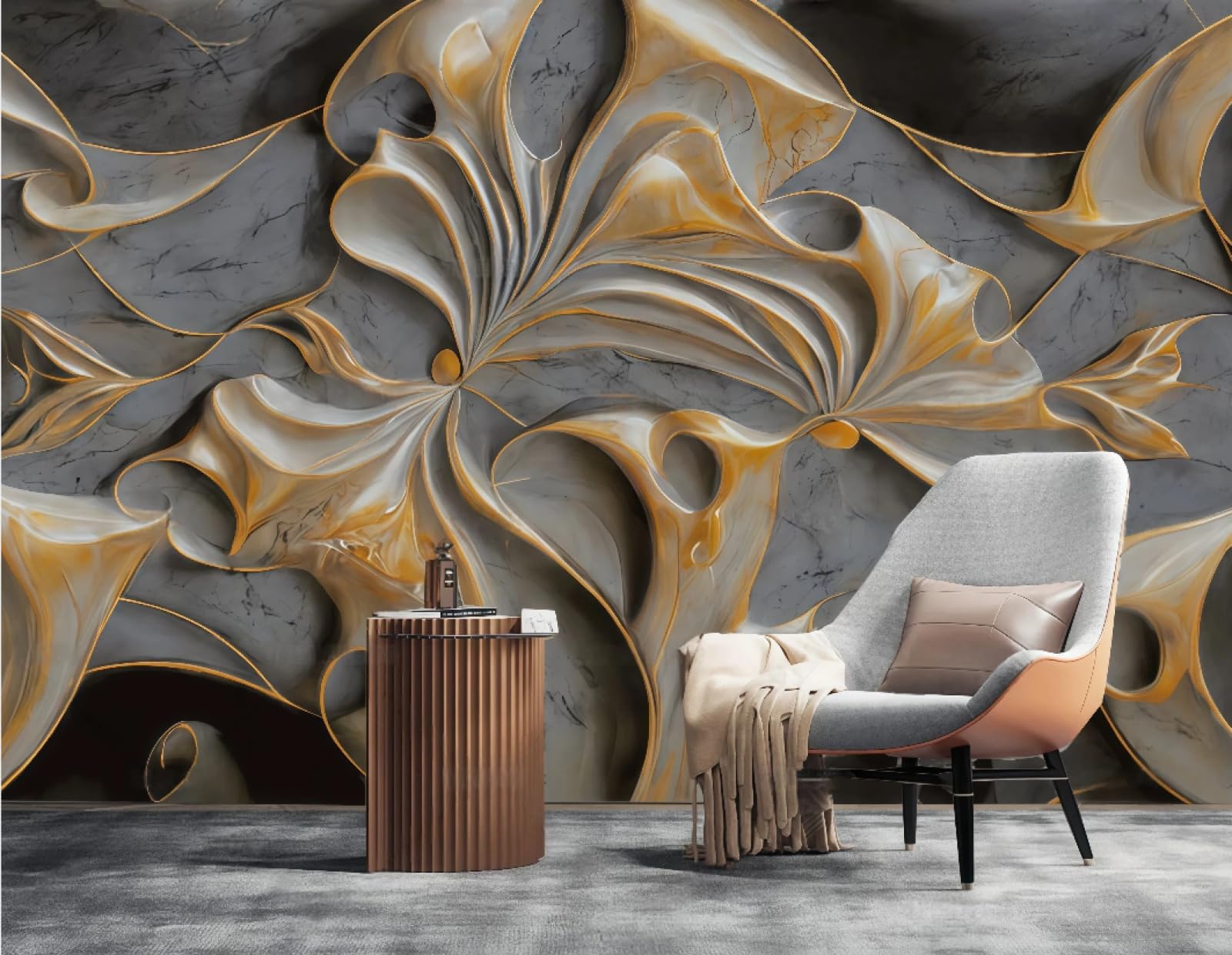 Tapeta nowoczesna minimalistyczna abstrakcyjna miedź kolor relief rzeźba kwiat marmurowy wzór TV sofa tło tapeta ścienna salon restauracja kawiarnia mural, 3D, 150 x 105 cm