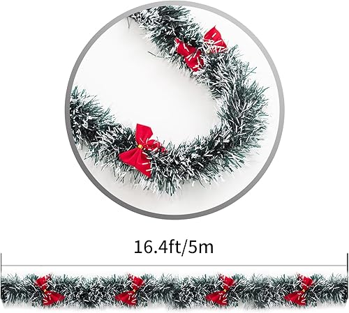 Miniatura 3 de Guirnalda metálica de oropel con punta de escarcha verde oscuro de 16.4 pies con 50 luces LED cálidas, decoración artificial de árbol de Navidad