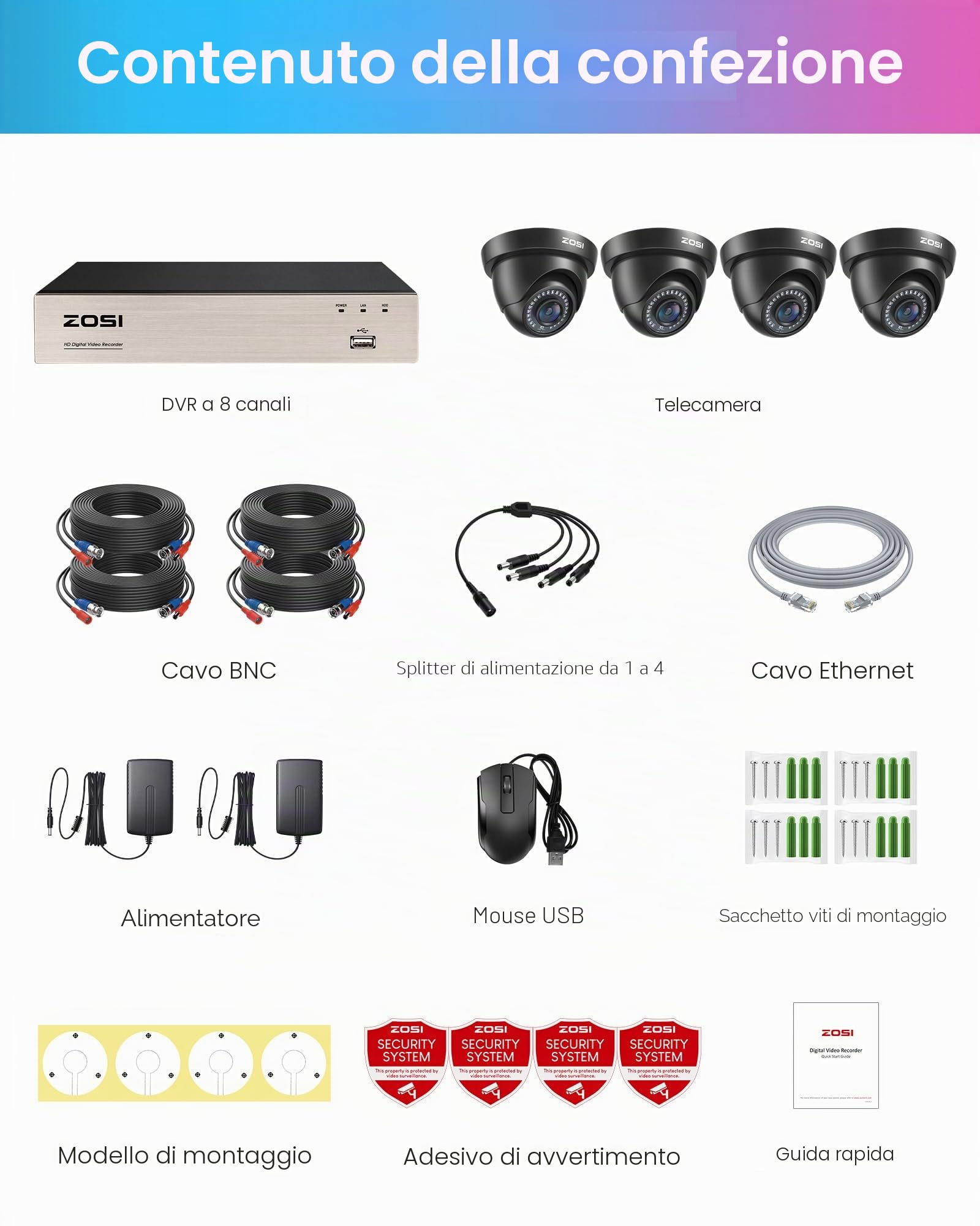 ZOSI 1080p Kit videosorveglianza Cablato Esterno, 8CH H.265+ DVR con 4x 1080p Telecamera di sicurezza, IR visione notturna, Rilevamento di Movimento, Accesso Remoto, Senza HDD