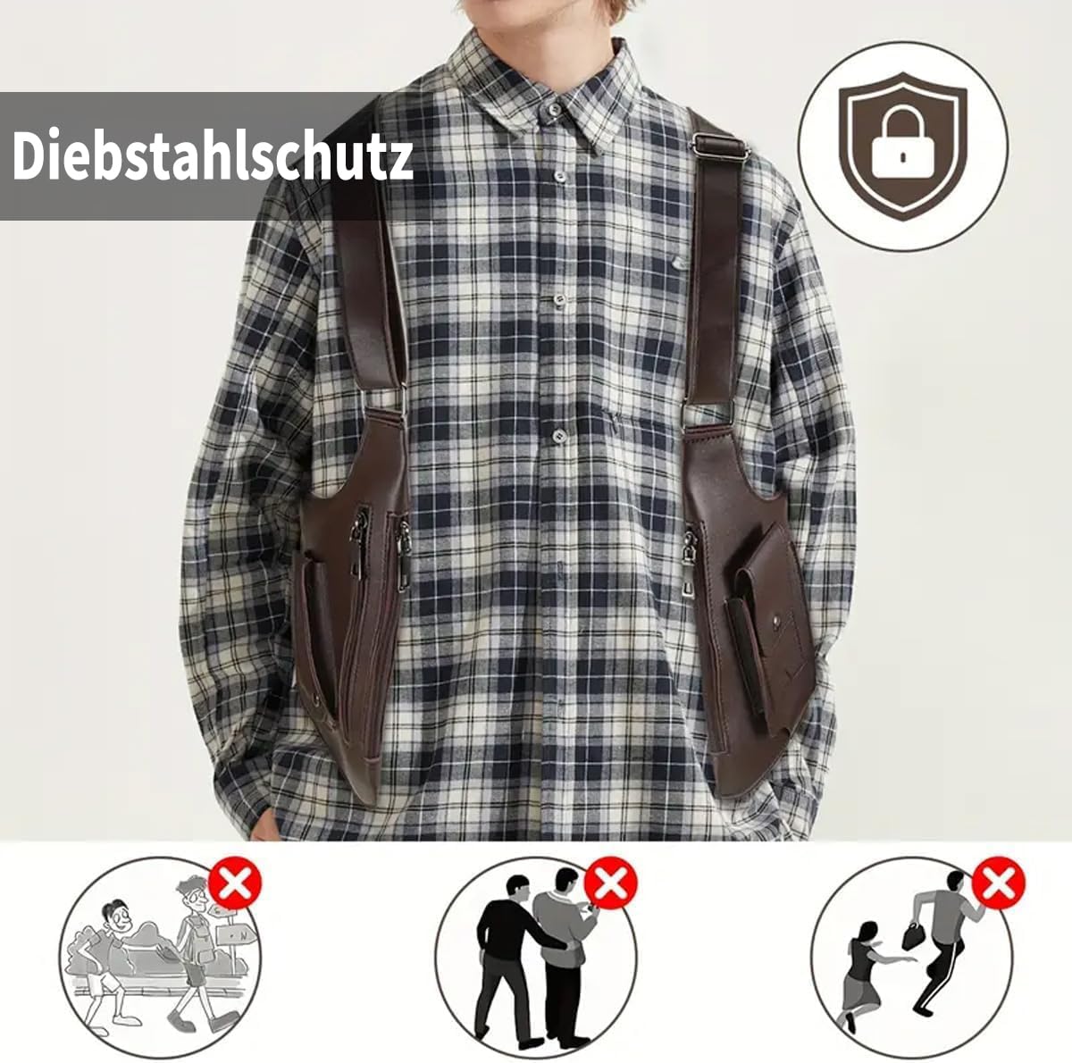 Schulterholster, Vertikales Pistolenholster, Verdeckte Waffenholster, Leder Anti-Diebstahl Schulterholster, Verstellbare Achselholster Tasche mit Doppelfächern,Umhängetasche Für Männer - 4