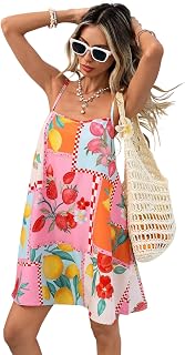 KATECLO Women’s Summer Casual Sundress – Sleeveless Spaghetti Strap A-Line Mini Dress with Floral Fruit Print, Loose Beach... Price In India