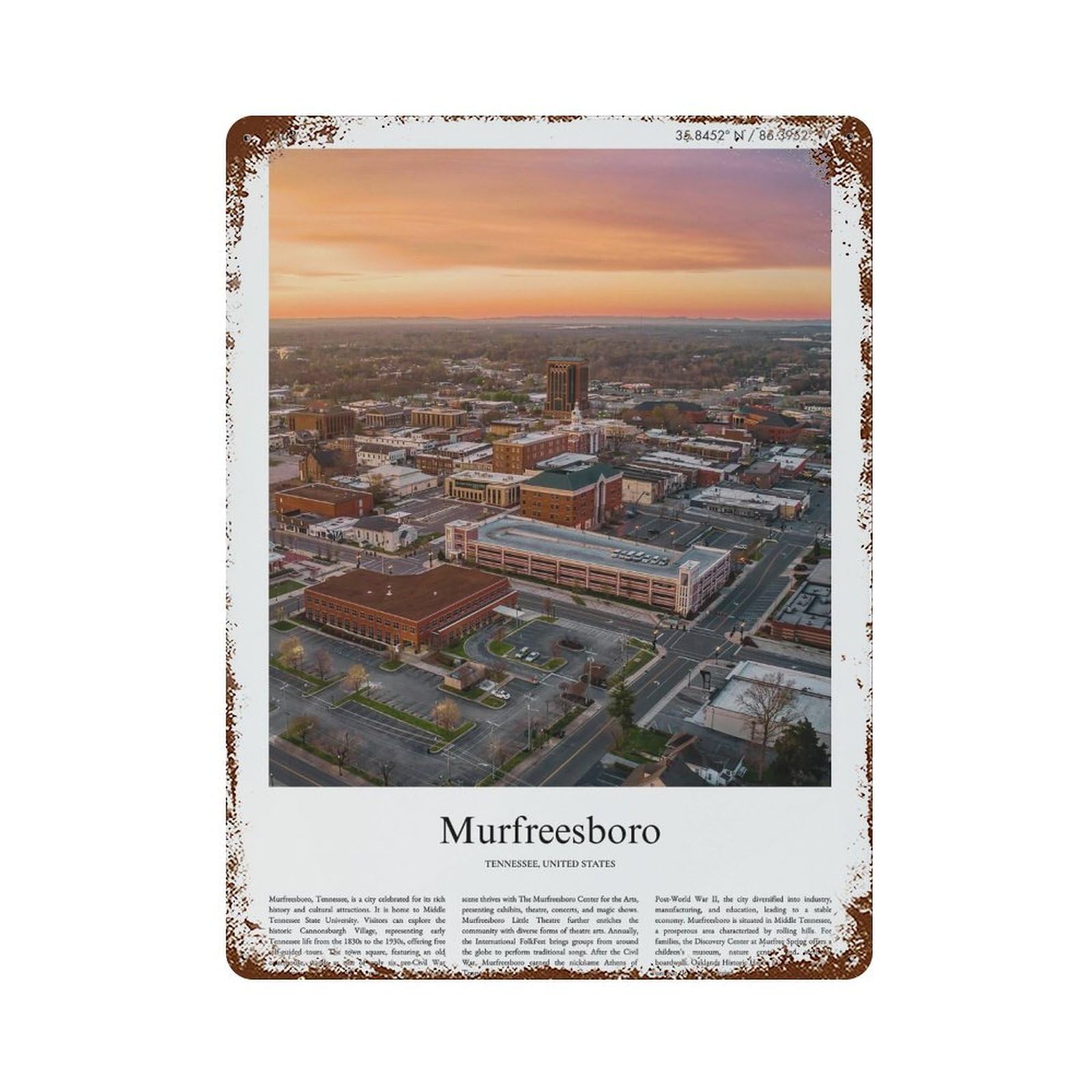 xiaoxiaoshen Murfreesboro Tennessee, United States, USA City Scenery Wall Decor Art Metal Tin Poster Modern Home Decor Art Home Bar Shop Decorations Vintage Sign 40x30cm