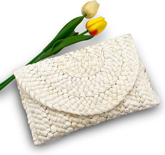 ストロークラッチバッグ レディース 夏 ビーチ 封筒 ハンドバッグ 織財布 ストローショルダーバッグ 財布, Beige, One Size
