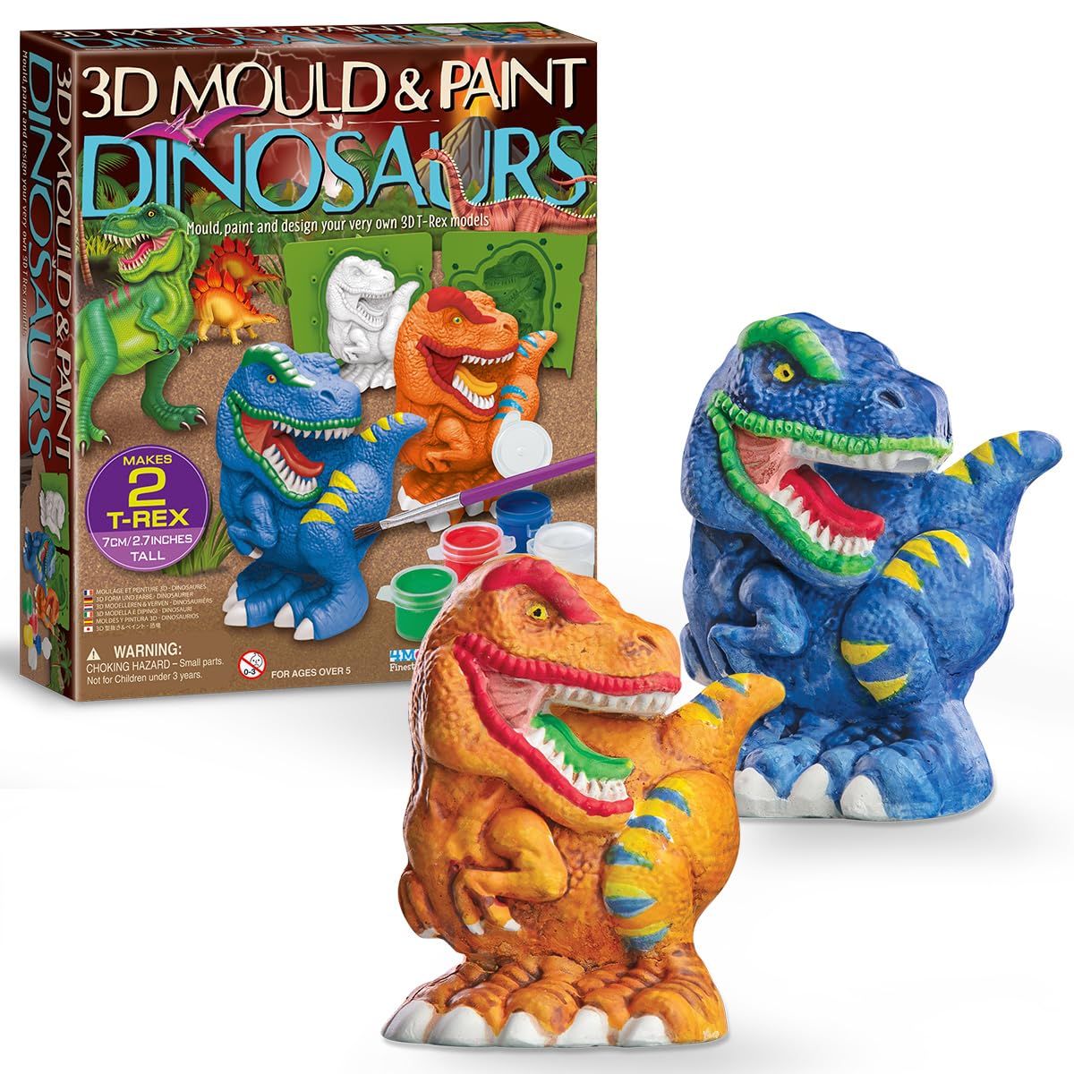 4M Mould & Paint 3D Dinosaurs Kit | Creative Dinosaur Craft Set with Plaster, Paints, Brush & Carving Tool for Kids Age 5+ | DIY Moulding Activity - Make 2x7cm T-Rex Models | Fun Art Gift for Children