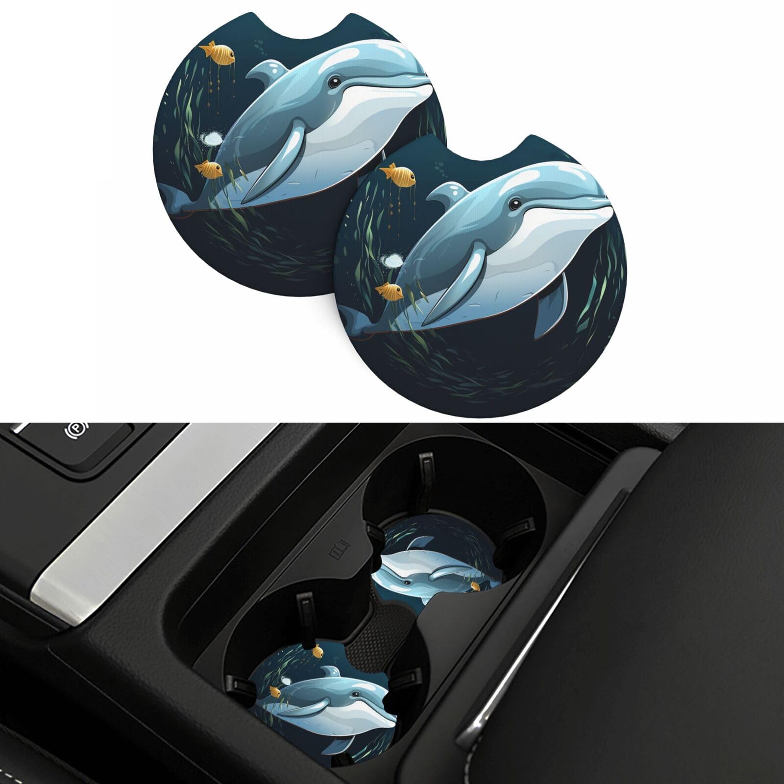Dolphins Lovers Car Coasters 2 Pcs, Universal Non-Slip Rubber Car Cup Holder for Cup Holders, 2.75 Inch Neoprene Cup Pad Mat Coaster Car Interior Accessories for Women Men