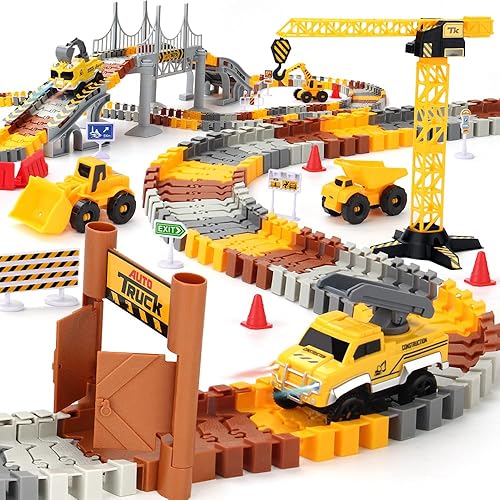 Juego de pistas de carreras de construcción, pistas de tren flexibles con 2 vehículos eléctricos de carreras de construcción con luces, juguetes de