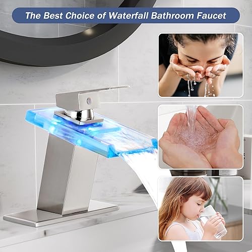 Miniatura 7 de Qomolangma Grifo de baño de cascada LED, níquel moderno de una sola manija para fregadero de 13 agujero, grifo mezclador de tocador con cubierta,