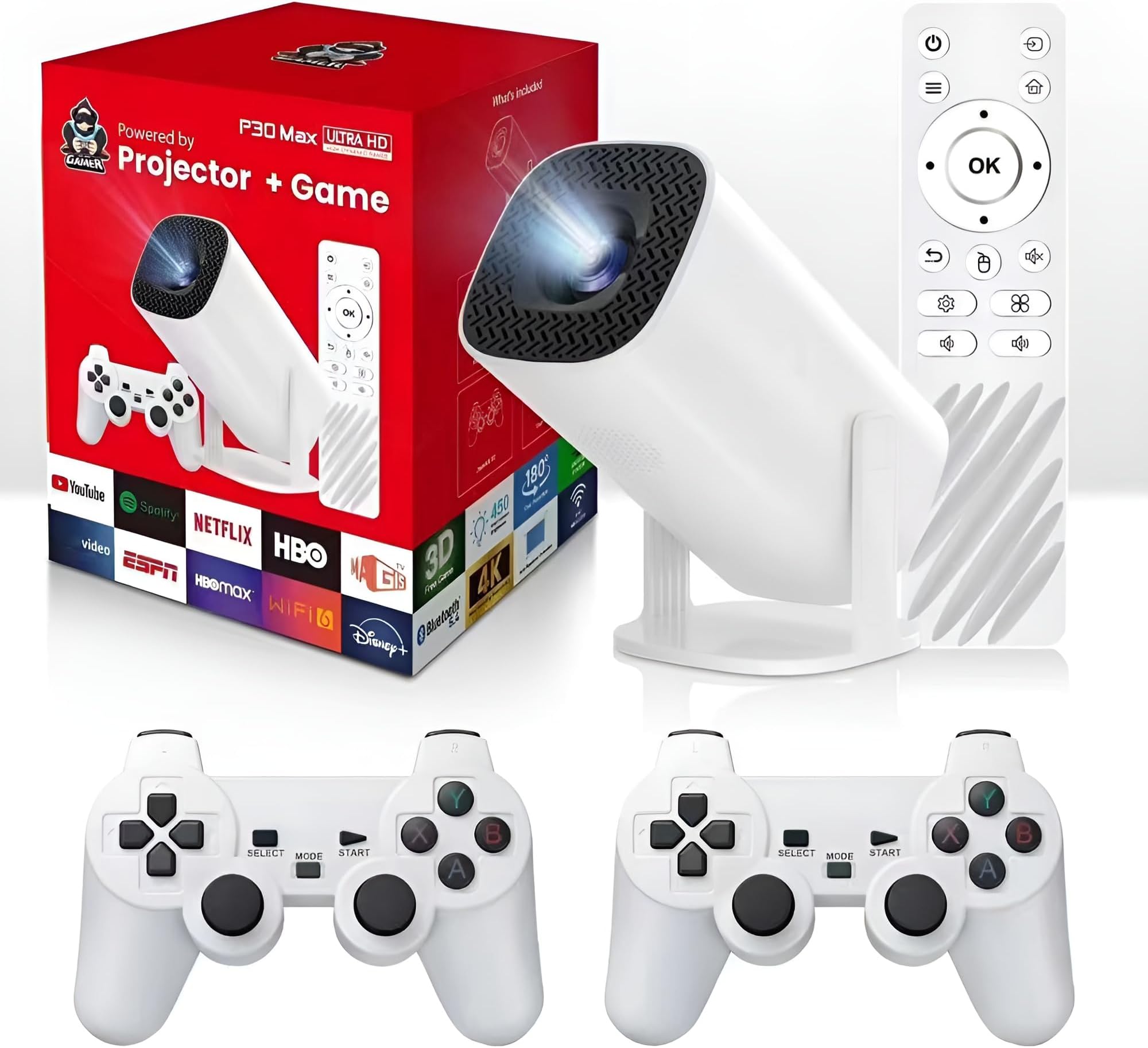 Mini Projector with Game Console, 1080P Video Game Projector 2 Wireless Controller Support 150 ANSI Lumens with WiFi 6, BT 5.0, 180 Degree Rotation Auto Keystone Projector Home Theater Cinema