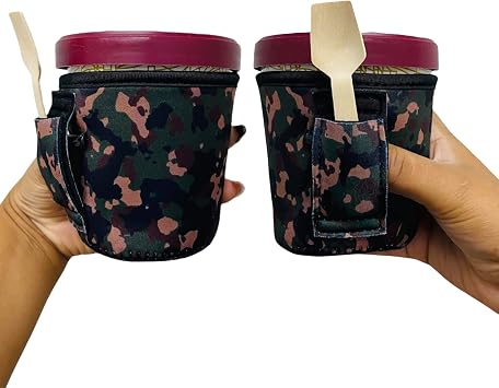 Drink Handlers Ice Cream Cooler Sleeve - Neoprene Ice Cream Pint Holder with Handle and Pocket - Tear Resistant Cooler & Container - Machine Washable & Leak Proof Cup Cover for Frozen DessertsCamo