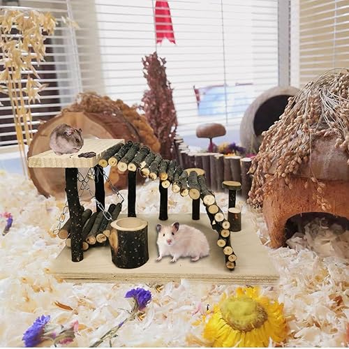 Miniatura 6 de Kathson Juego de juguetes de actividades de madera para hámsteres - Escalera de escalada, rampa, puente, cuenco, columpio, plataforma de soporte