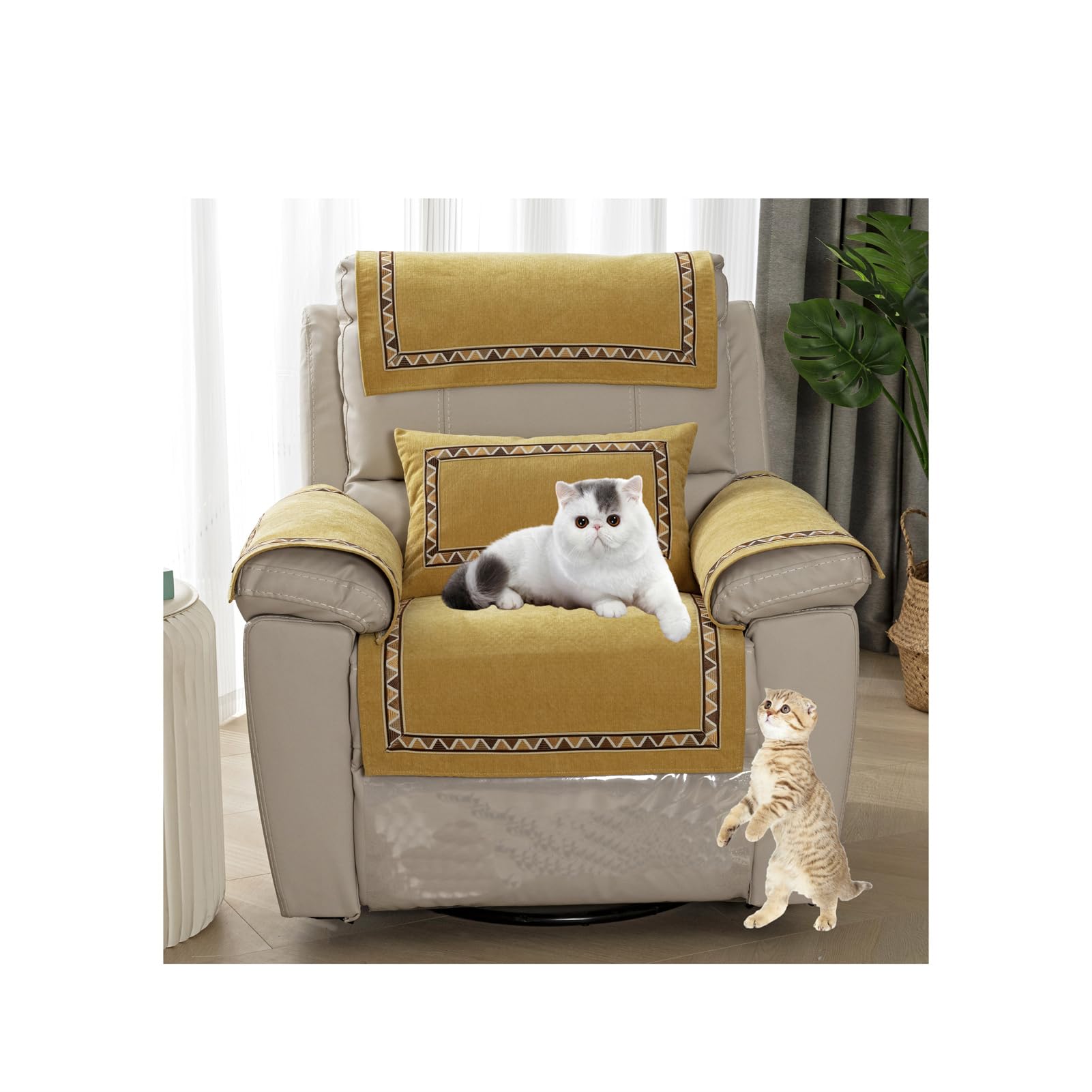 HYRAM Sofa Armrest Cover, Headrest Cover for Recliner Chair Arm Cover, Quilted Furniture Protector for Pets Leather Sofa Couch Slipcover (1 Seater(4pcs),Turmeric)