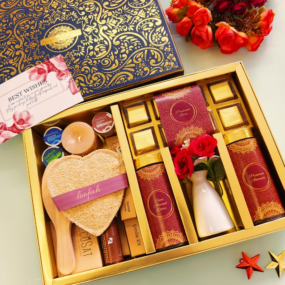 NutriSnacksBox Self Care Gift Hamper for Mother day , Happy Birthday , Anniversary, with Smile Kit, Vanity Kit, Natural Loofah, Wooden Hair Brush, Sunscreen Lotion, Lip Butter, Dental Floss, Premium Treats, 500 grams-image-29