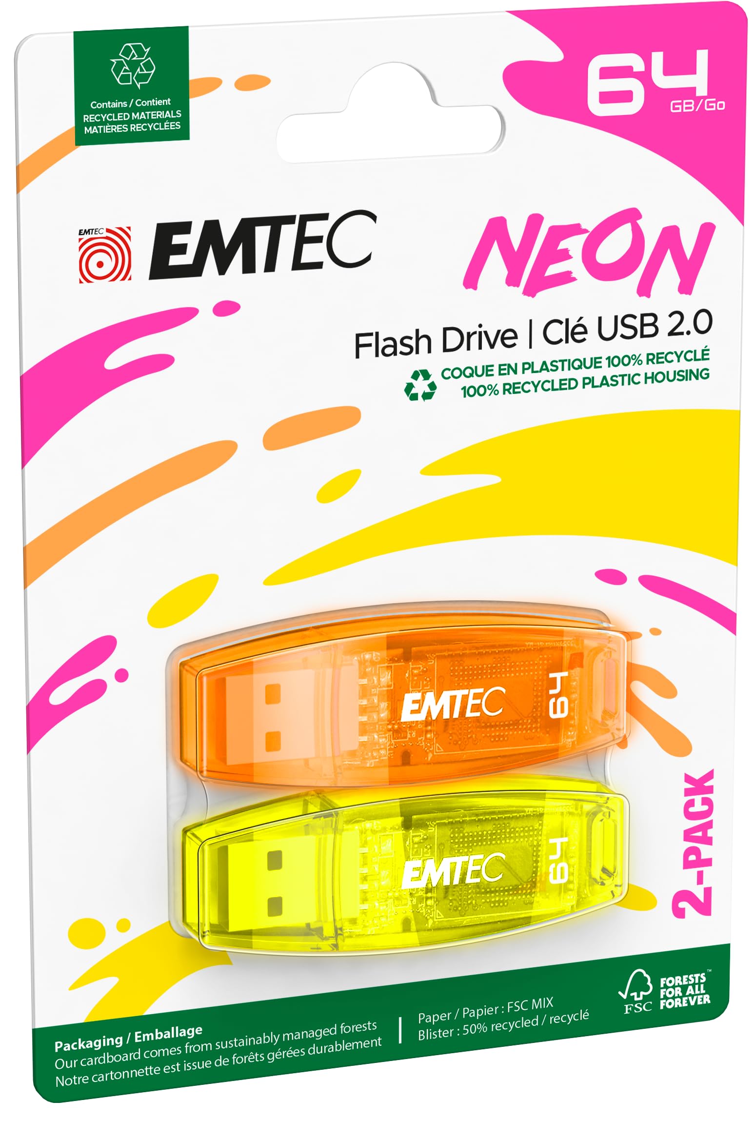 EMTEC C410 Neon 64Go Clé USB 2.0 Néon Transparent avec Capuchon Lot de 2