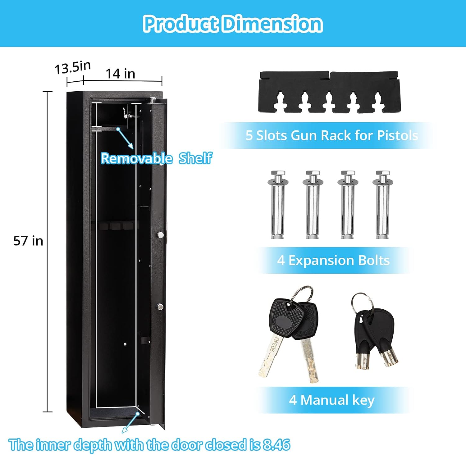 Gun Safe, Gun safes For Home Rifle and Pistols, Quick Access Rifles Shotguns Gun Cabinets,5-6 Rifle Safe, with Removable Gun Racks and Pistol Lock Box, Removable Storage Shelf