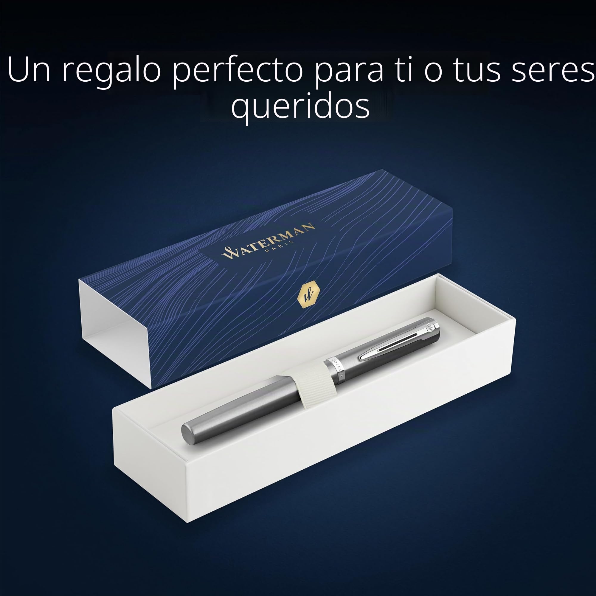 Waterman Impression Pluma estilográfica | Plumín fino con recarga de tinta azul | Acero inoxidable con adornos chapados en paladio | Caja de regalo