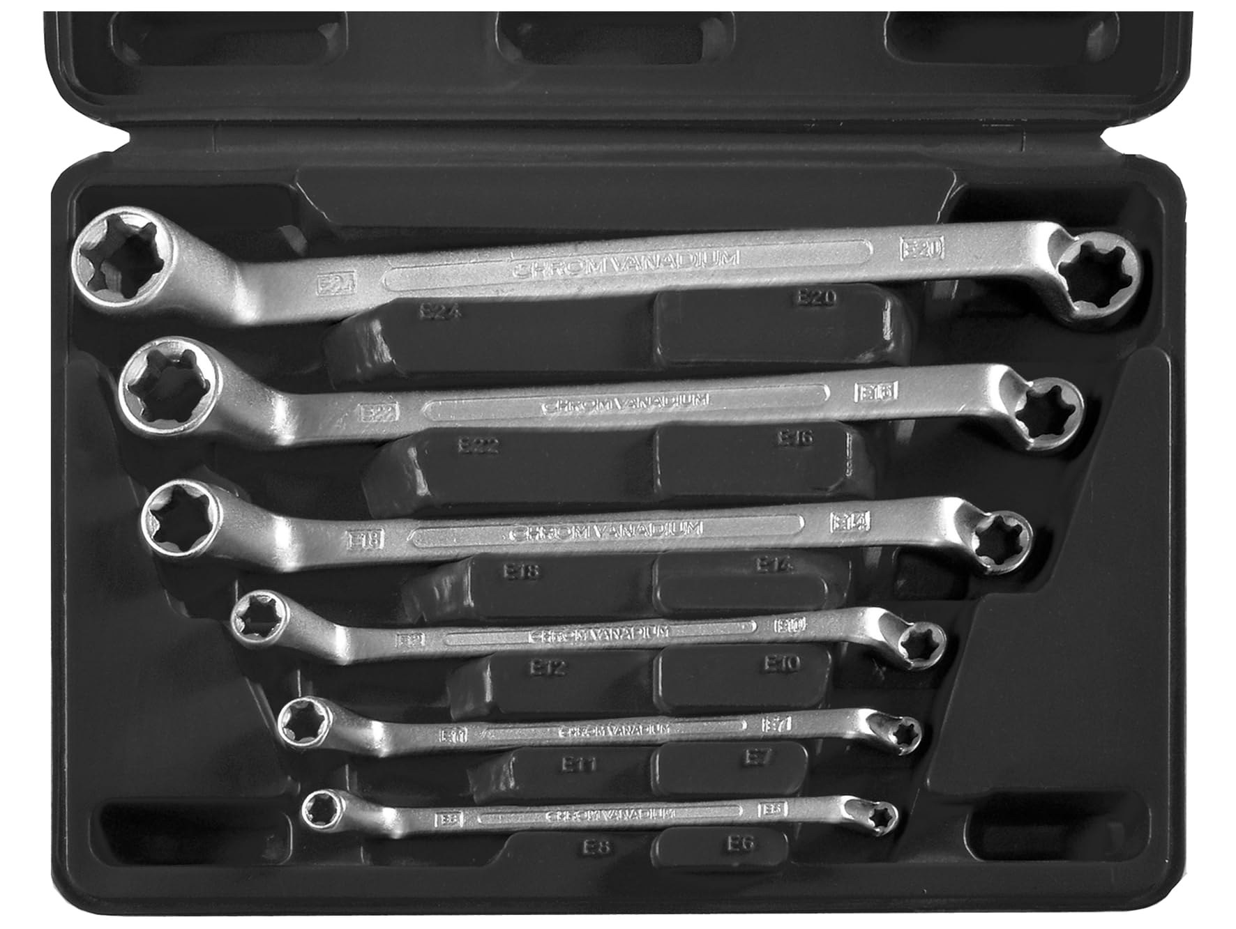 SW-Stahl 01580L Jeu de 6 Clés Mixtes Profil E, E6-E24, Acier | Outils contrecoudés à double déport, tailles E6 x E8 à E20 x E24, finition chromée mate, rangés dans un coffret pratique.