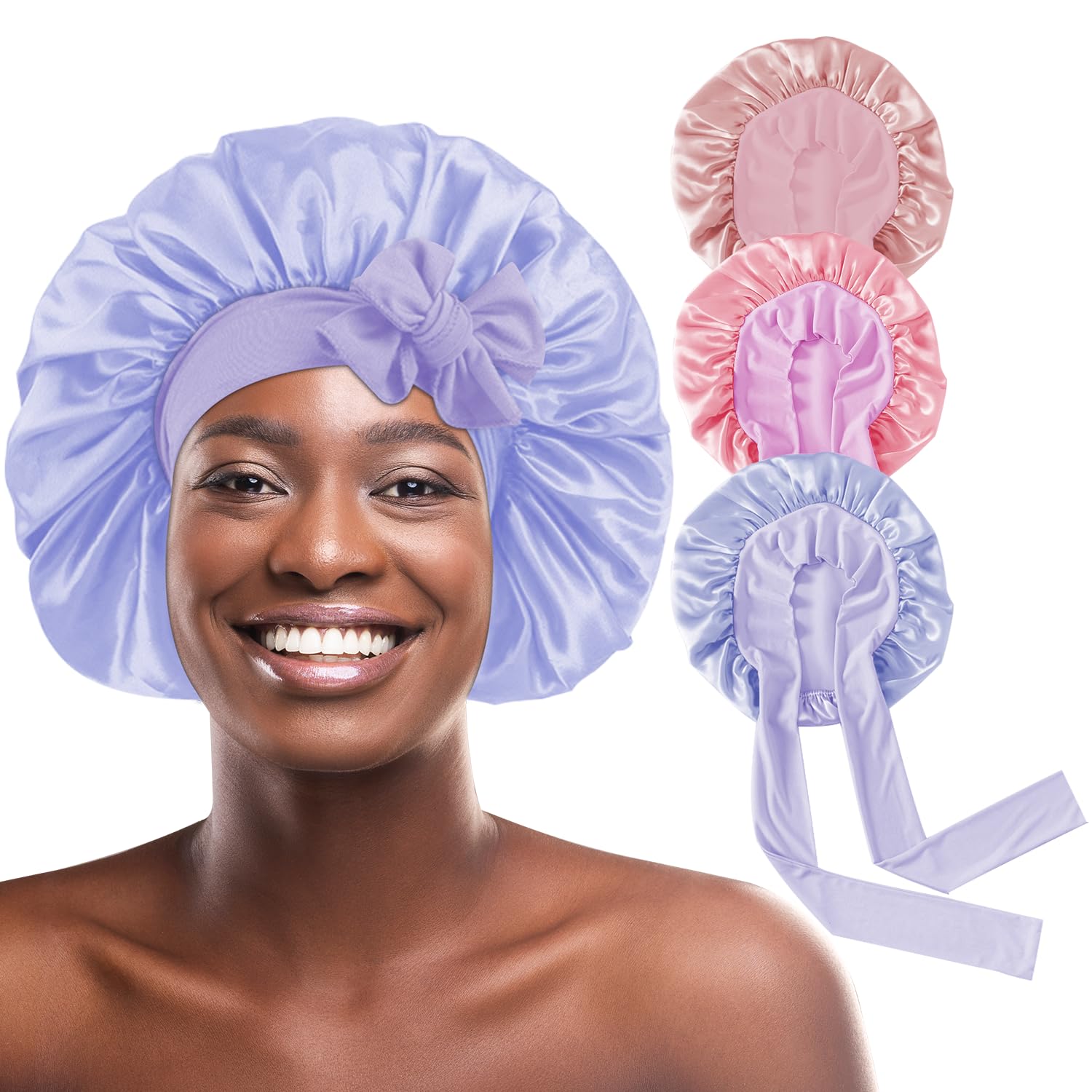 my novel things 3Pcs Satin Bonnet for Sleeping Women Large Adjustable Hair Bonnet with Tie Band Silky Sleep Cap with Ribbon for Women Natural & Curly
