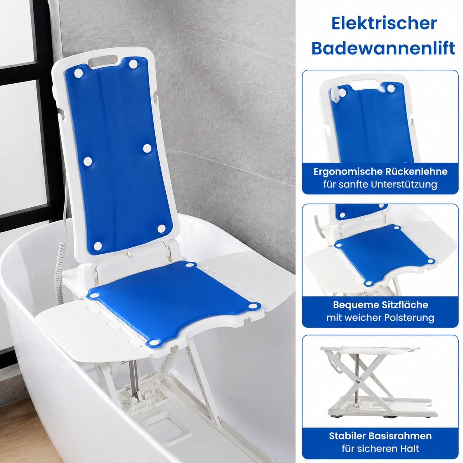 Badewannenliftsitz mit neigbarer Rückenlehne, Verstellbarer Basis, weiß und blau
