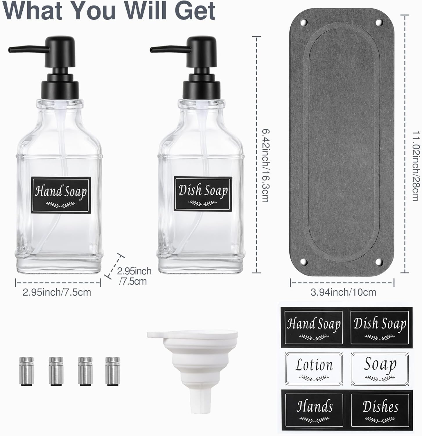 Shinowa Kitchen Soap Dispenser Set, Soap Dispenser for Kitchen Sink with Water Absorbing Stone Tray, 2 Pack 18OZ Thick Glass Hand and Dish Soap Dispenser with Pump, Stylish Bathroom Decor Accessories - Image 8