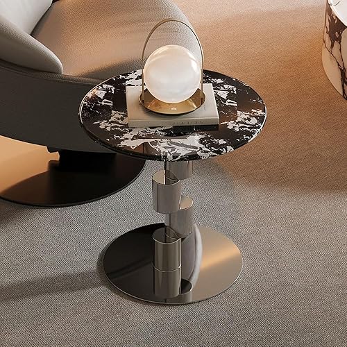 Mesa auxiliar redonda, mesa auxiliar con patrón de mármol, mesa de centro moderna, mesa de consola con base de acero inoxidable, mesa de cóctel
