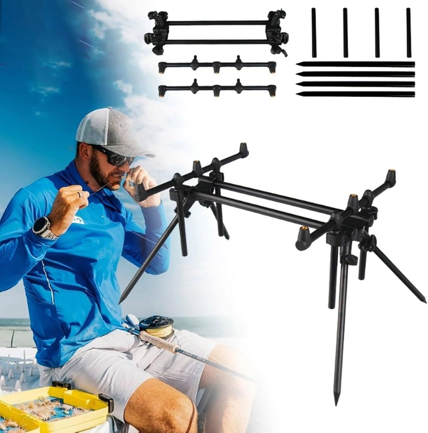 Gefertigt aus robuster Aluminiumlegierung; ausziehbares Rod-Pod mit 3 Auflagen, klappbare und verstellbare Beine, Stabiler Halt für Karpfen- und Brandungsangeln. | Aluminium-Rod-Pod für 3 Ruten, ausziehbares und verstellbares Stativ für Karpfen- und Brand
