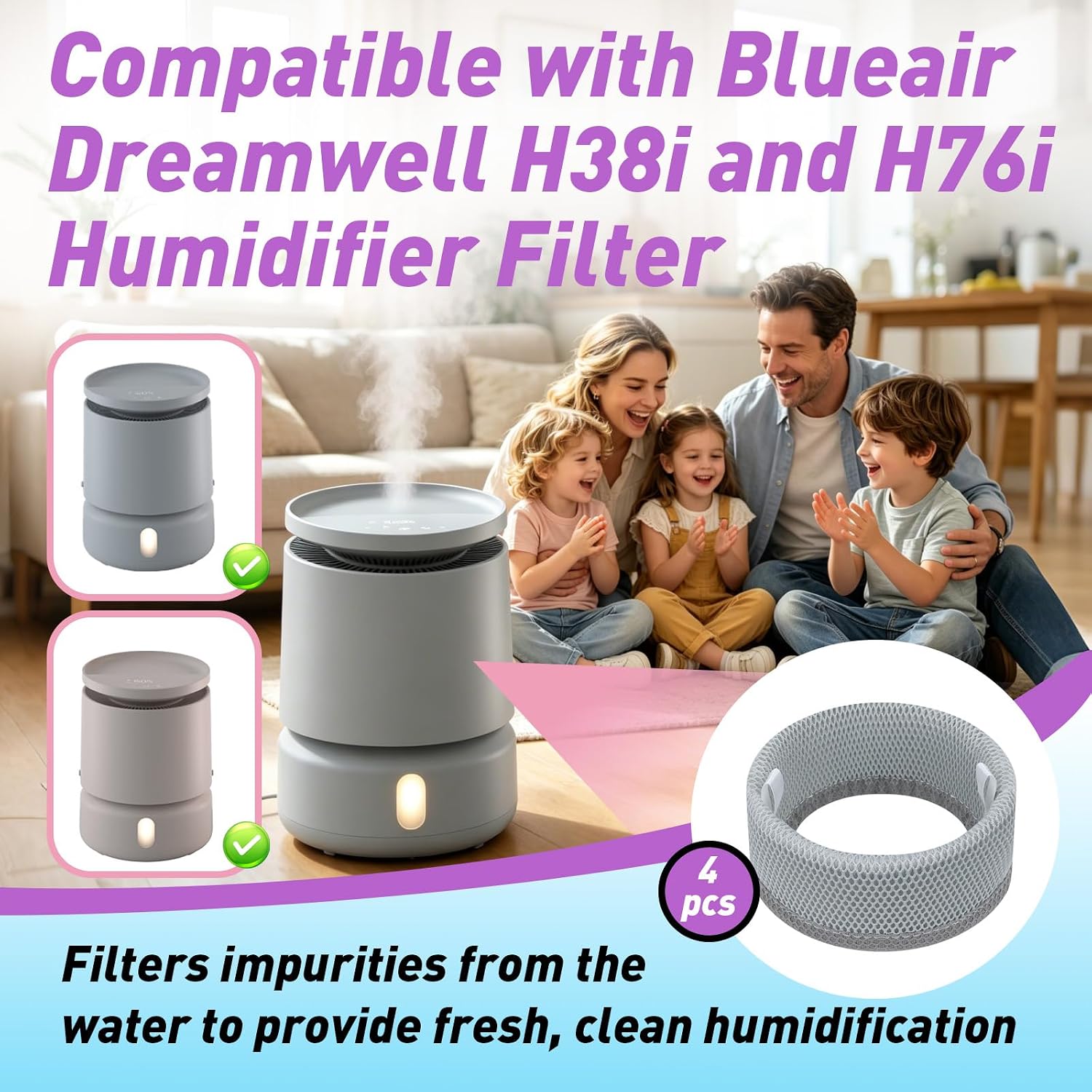 2PCS Replacement Wick Filter Compatible with Blueair Dreamwell H38i and H76i Humidifier (1 Gallon/2 Gallon), Grey Humidifier Filter with Mesh Structure for Traps Mineral Deposits and Impurities