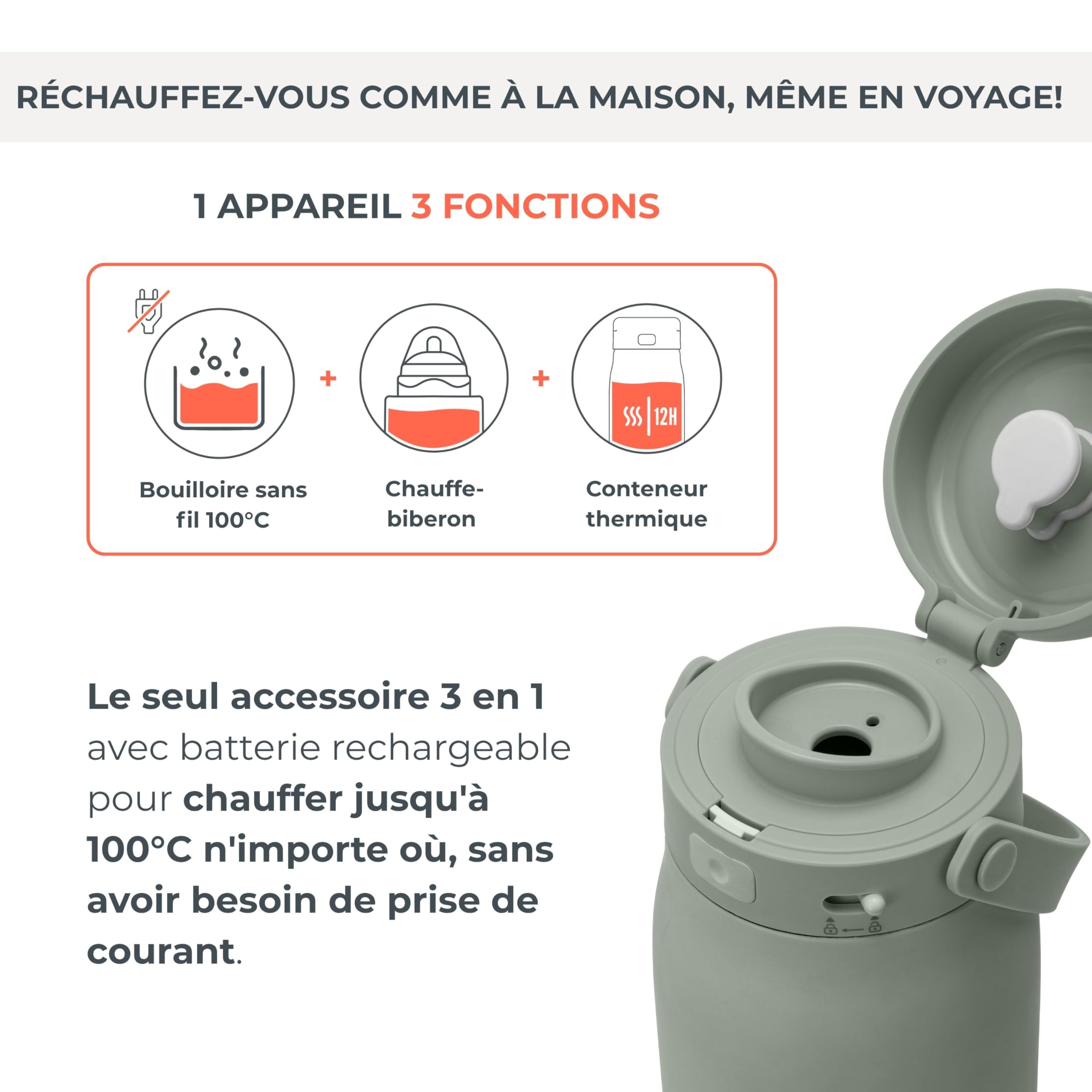 Nuvita 1190 Chauffe Biberon 500 ml – Chauffe-biberon sans fil avec batterie rechargeable, 3 températures sélectionnables 37 °C/55 °C/100 °C, maintient au chaud jusqu'à 12 heures